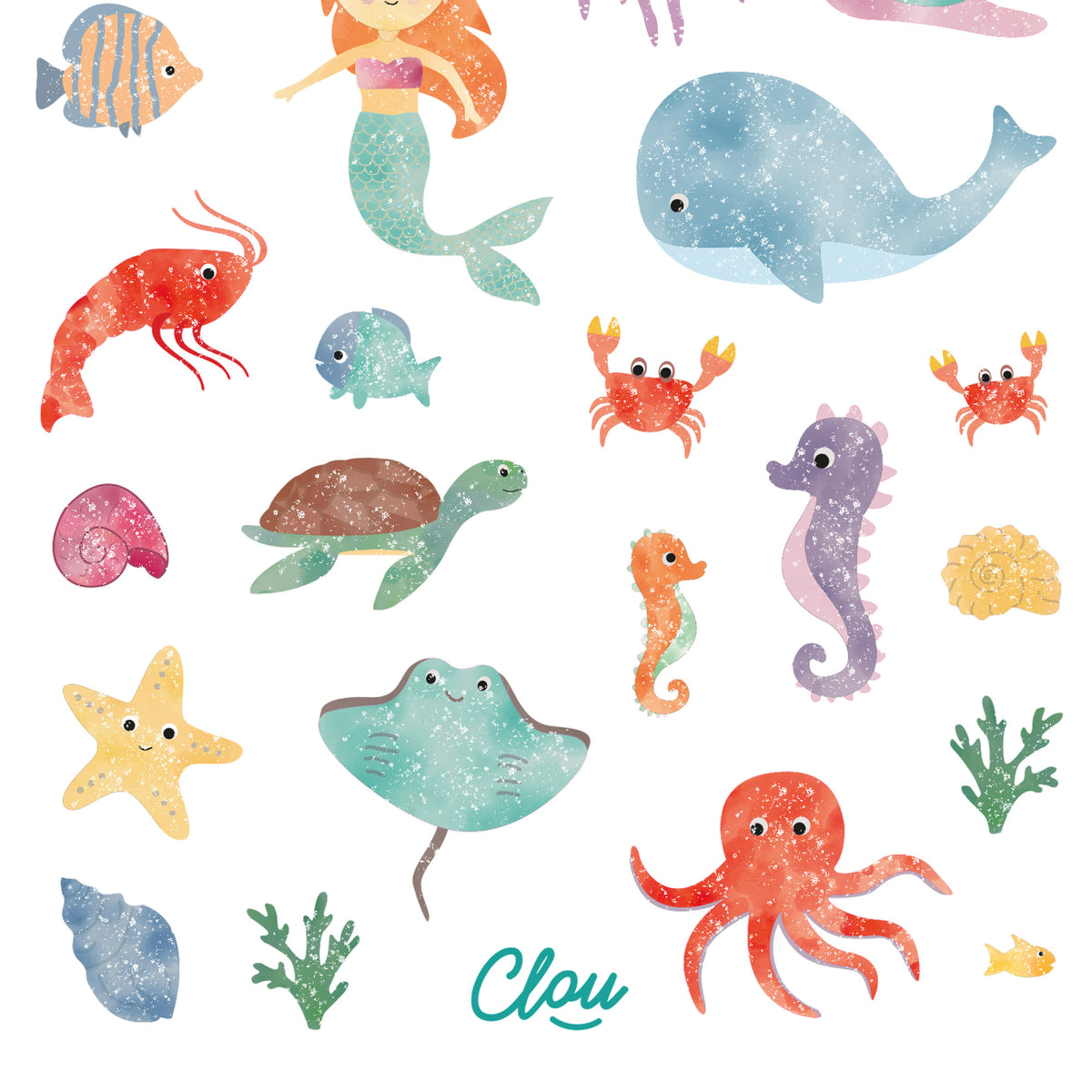 Kindertattoos mit Glitzer im Unterwasserwelt-Design – bunte Meerestiere wie Seepferdchen, Fische und Muscheln im liebevoll illustrierten Stil von by Clou