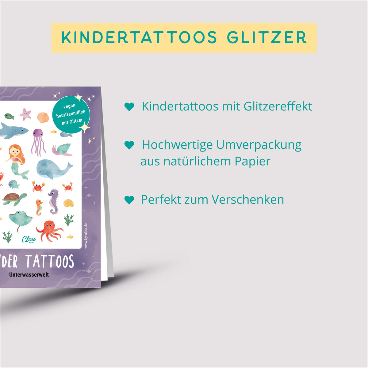Kindertattoos mit Glitzer im Unterwasserwelt-Design – bunte Meerestiere wie Seepferdchen, Fische und Muscheln im liebevoll illustrierten Stil von by Clou