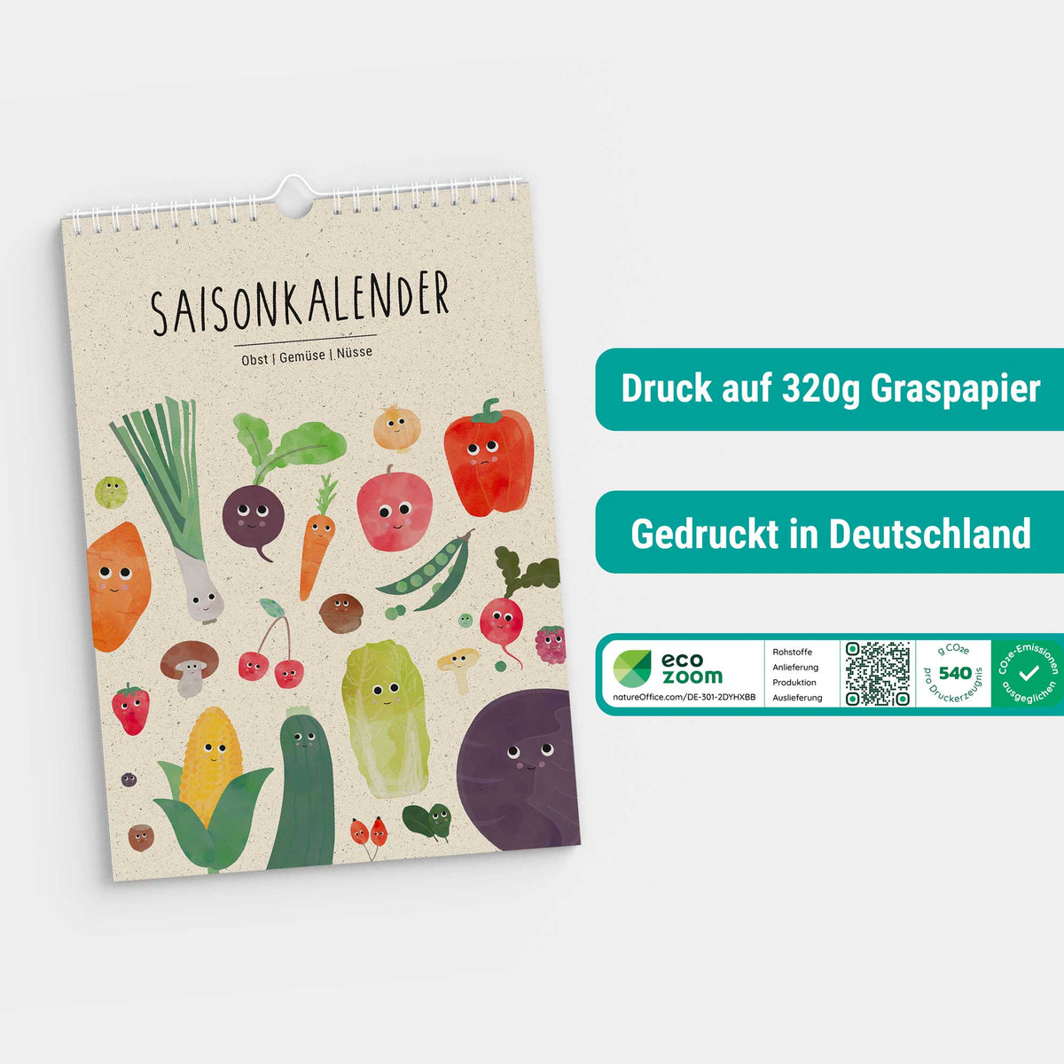 Wandkalender mit Illustrationen von Obst und Gemüse der jeweiligen Saison auf hellem Hintergrund