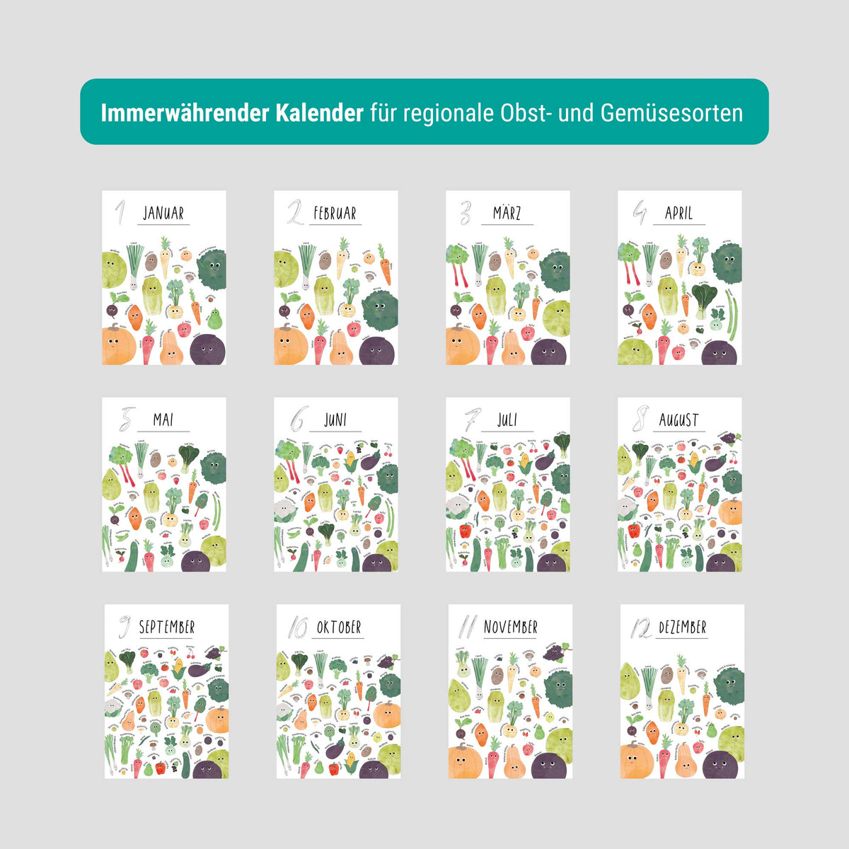 Wandkalender mit Illustrationen von Obst und Gemüse der jeweiligen Saison auf hellem Hintergrund