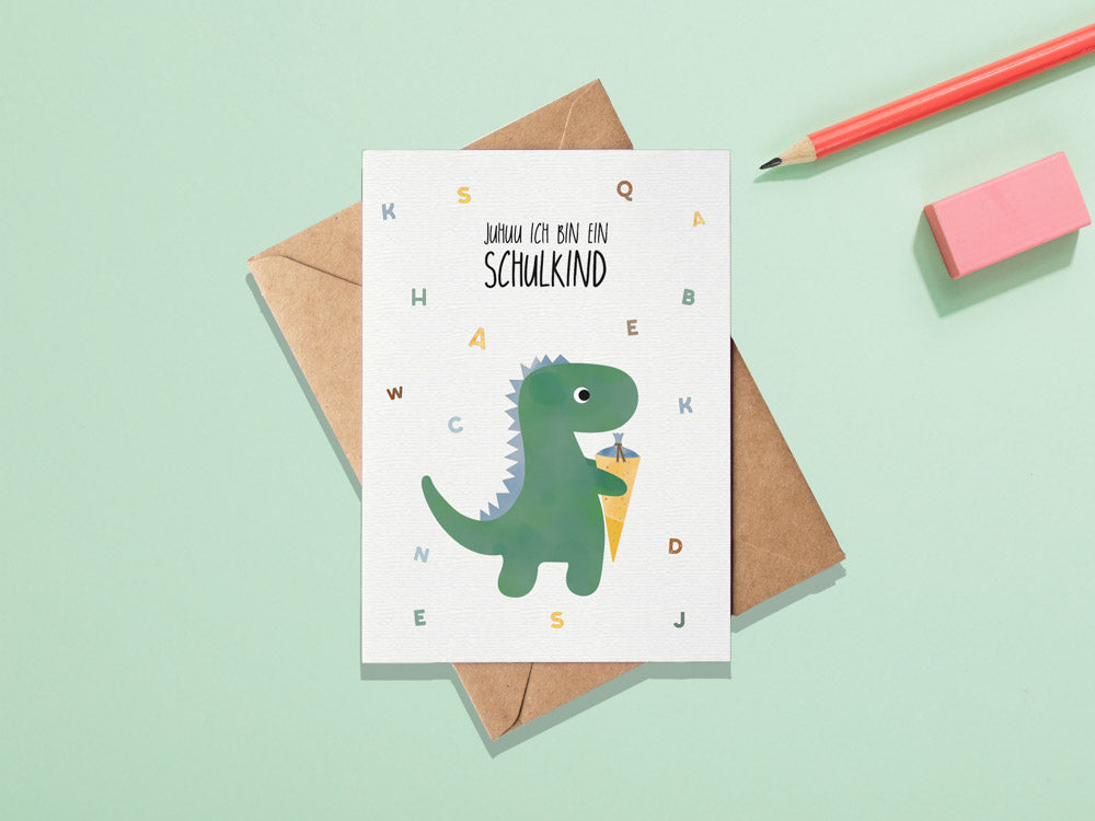Grußkarte Dino Juhuu ich bin ein Schulkind illustriert byClou