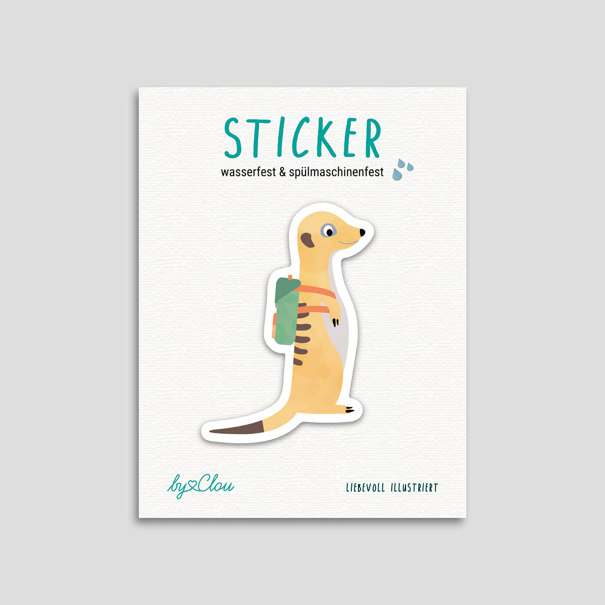 Lustiger Erdmännchen-Sticker, spülmaschinenfest und wasserfest – ideal für Brotdosen, Trinkflaschen und andere Alltagsbegleiter. Liebevoll illustriert
