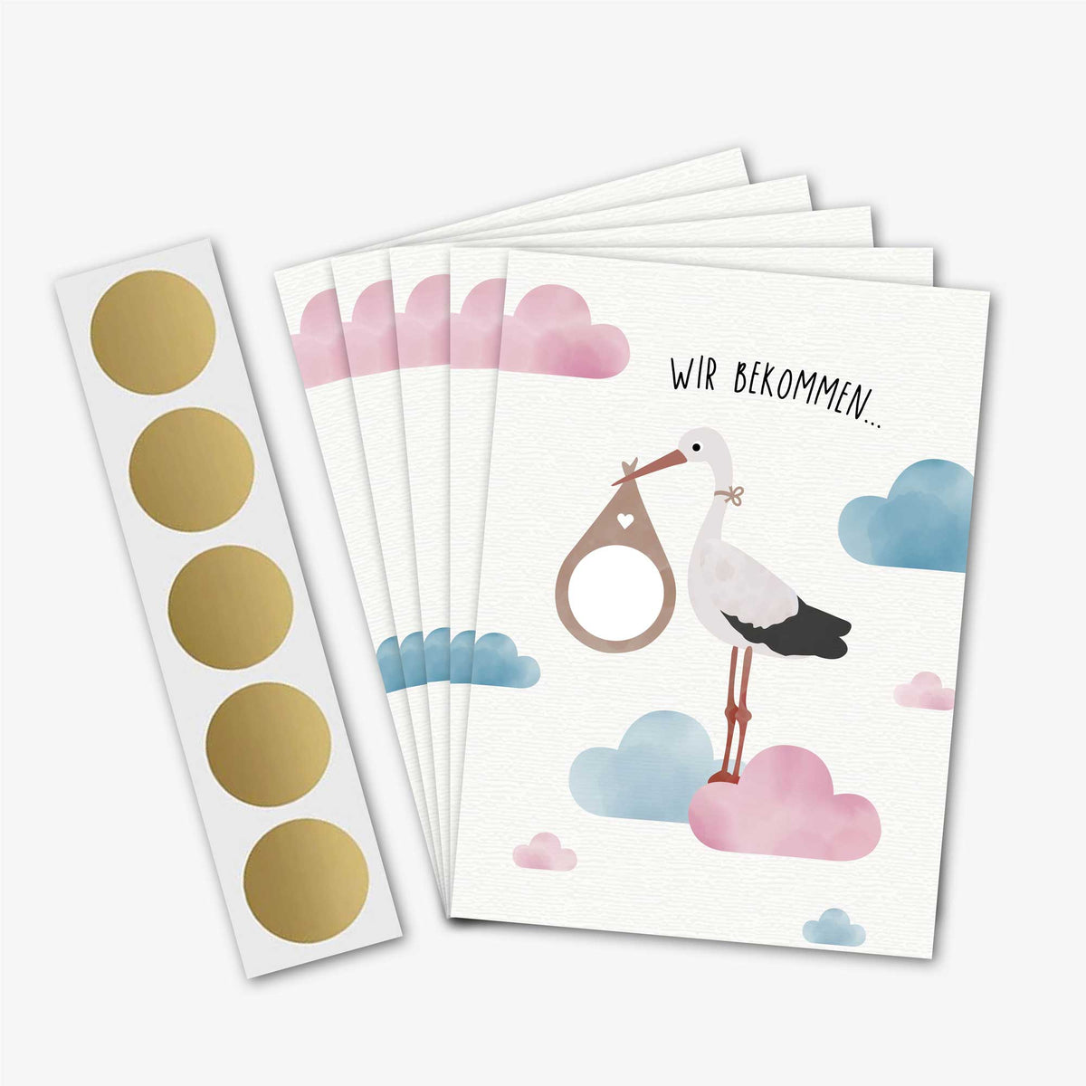 Rubbelkarte mit der Illustration eines fliegenden Storches und dem Text „Es wird ein ...“ auf hellem Hintergrund