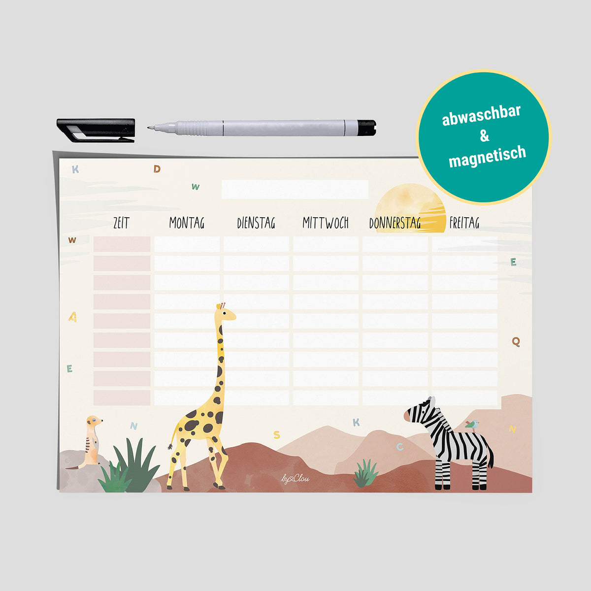 Stundenplan Safari-Tiere magnetisch abwischbar Kinder byClou