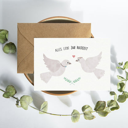 Postkarte mit zwei Tauben und dem Schriftzug „Alles Liebe zur Hochzeit“ im zarten Design, ideal als Hochzeitskarte oder Glückwunschkarte.