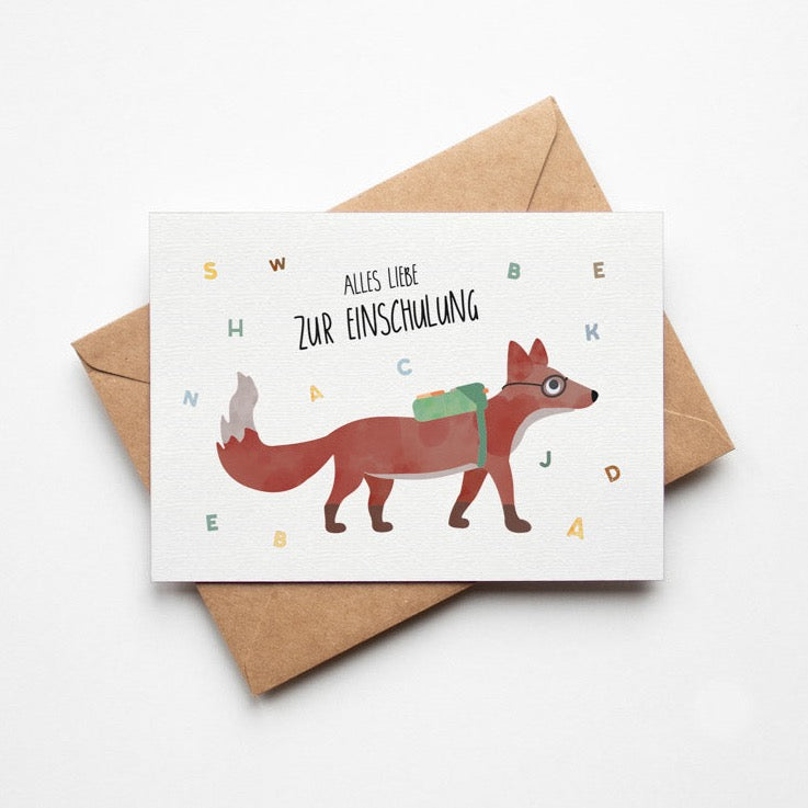 Postkarte mit Buch und dem Schriftzug „Juhuu, Alles Liebe zur Einschulung“ im fröhlichen Design, ideal als Glückwunschkarte zur Einschulung.