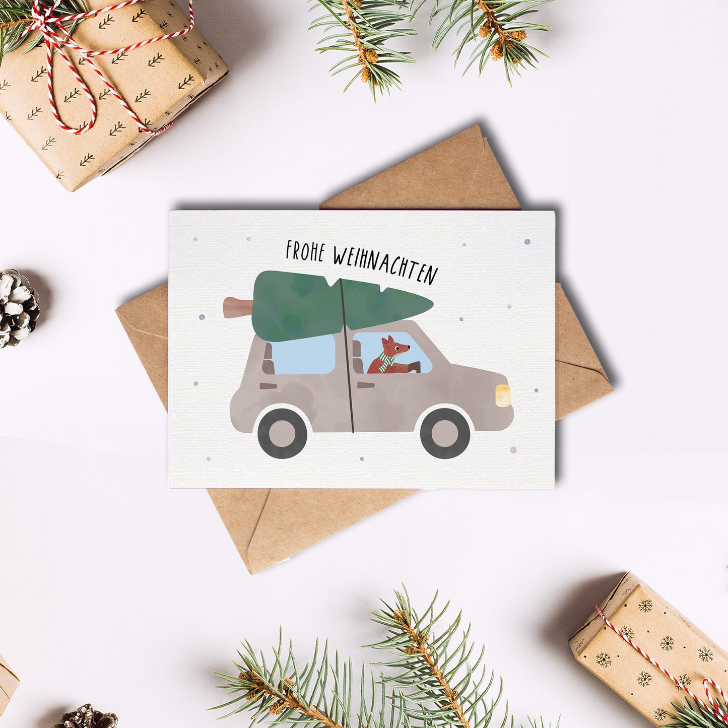 Postkarte - Fuchs im Auto "Frohe Weihnachten"