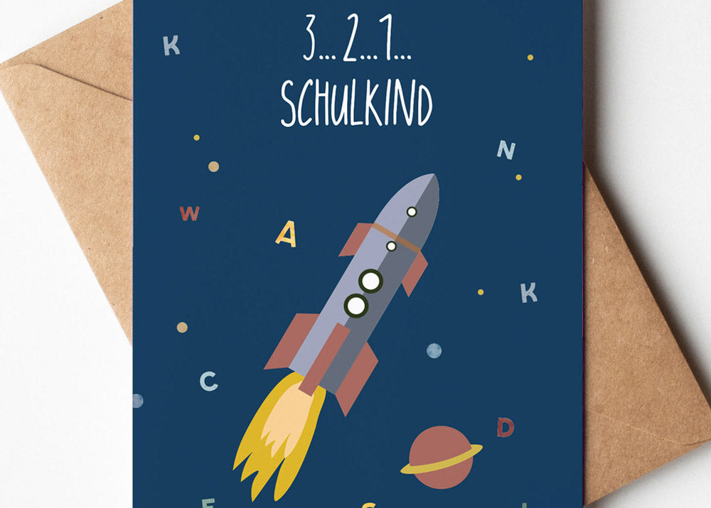 Grußkarte Weltraum 3..2..1 Schulkind illustriert byClou