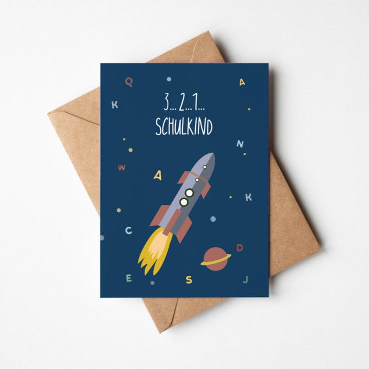 Grußkarte Weltraum 3..2..1 Schulkind illustriert byClou