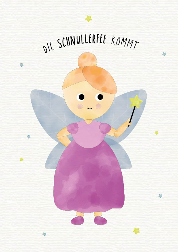 Grußkarte mit der Illustration einer Schnullerfee, die einen Schnuller hält, auf hellem Hintergrund