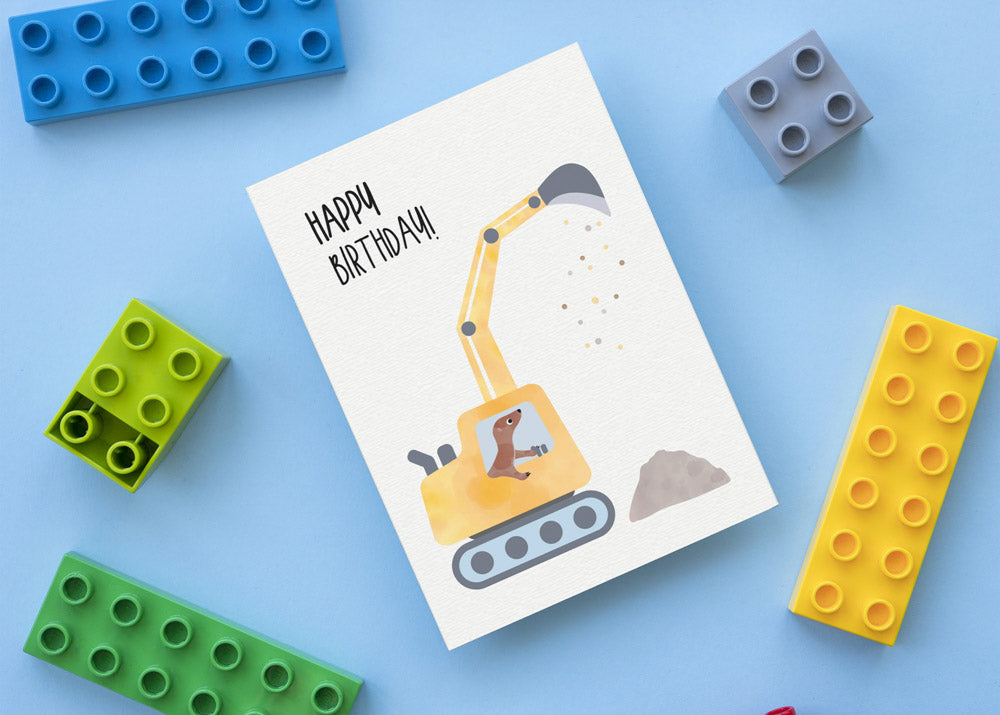 Grußkarte Bagger Wiesel Happy Birthday illustriert byClou