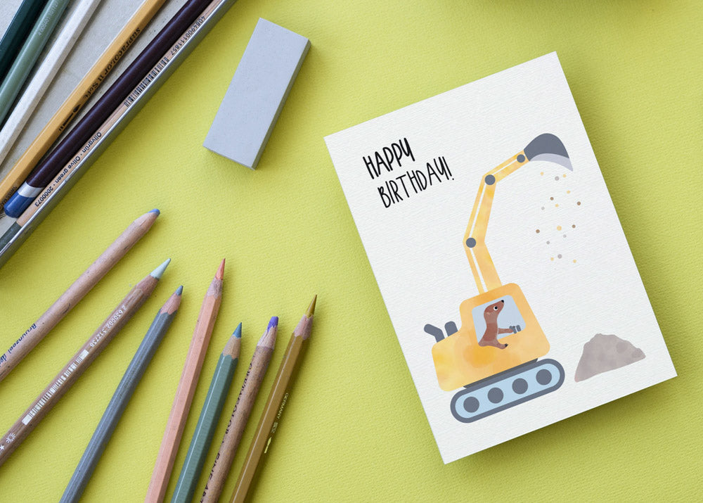 Grußkarte Bagger Wiesel Happy Birthday illustriert byClou