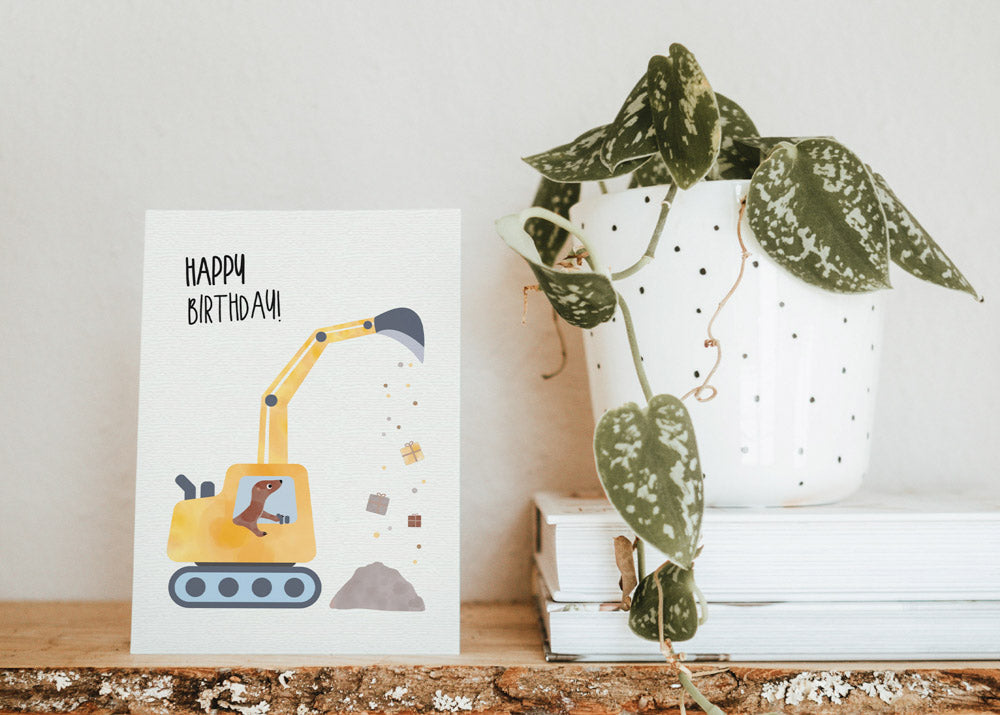 Grußkarte Bagger Wiesel Happy Birthday illustriert byClou