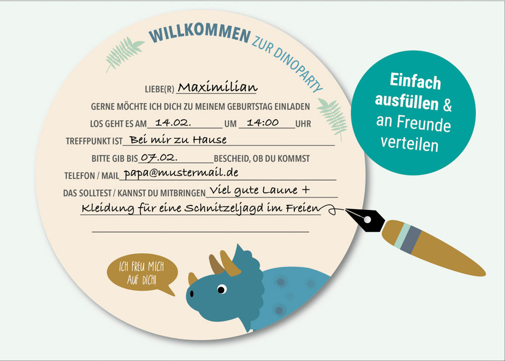 Einladungskarte mit fröhlichen Dinosauriern im bunten Design, zum Ausfüllen für Kindergeburtstage, ideal für Dino-Motto-Partys.