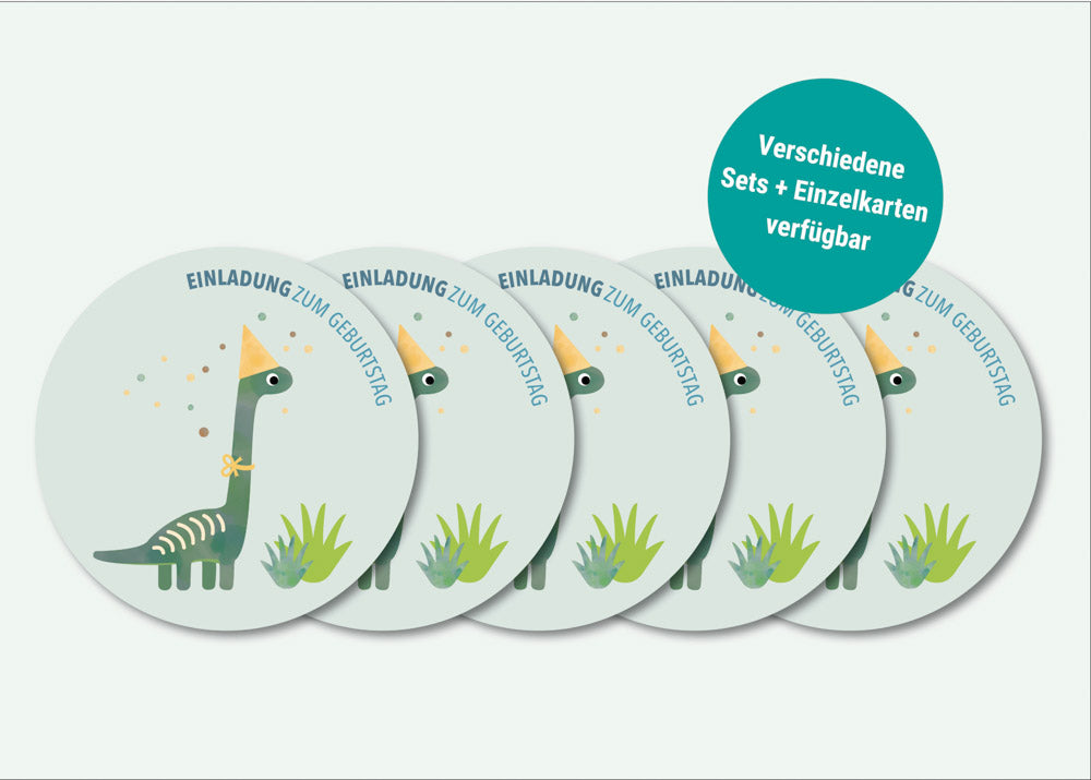 Einladungskarte mit fröhlichen Dinosauriern im bunten Design, zum Ausfüllen für Kindergeburtstage, ideal für Dino-Motto-Partys.