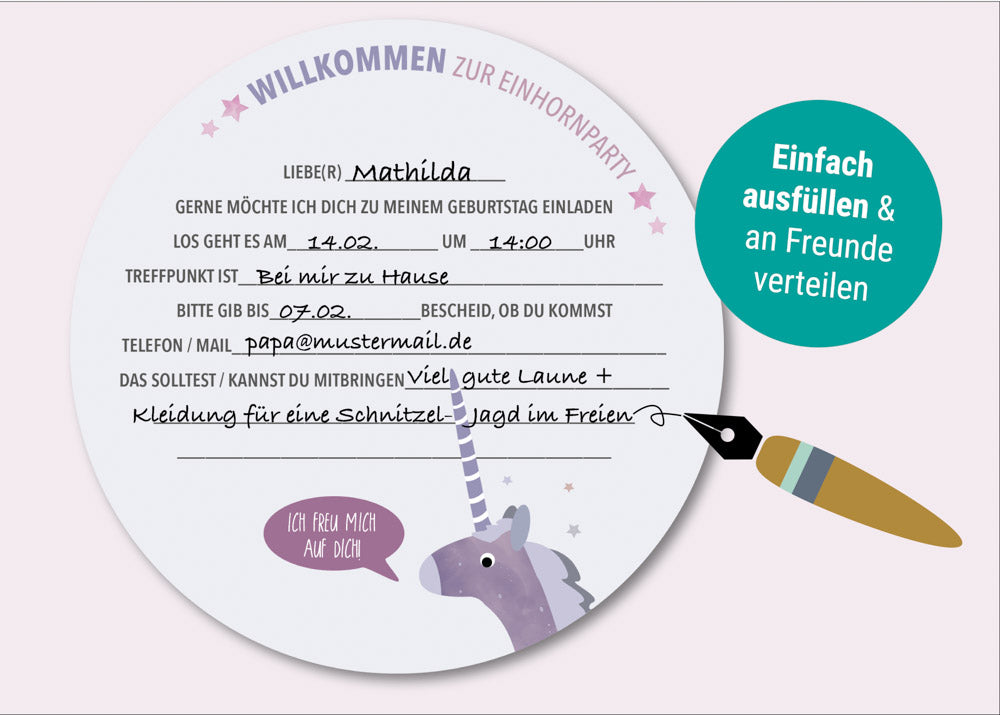 Geburtstagseinladung Einhorn, Kindergeburtstag, zum Ausfüllen