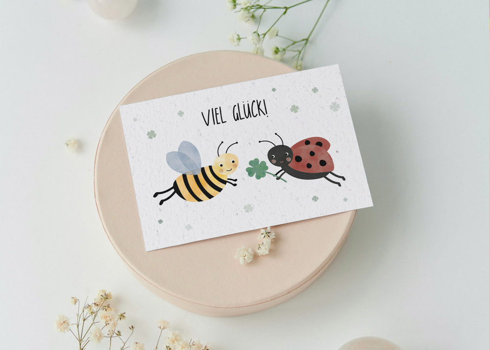 Samenpapier Karte - Biene Marienkäfer "Viel Glück"
