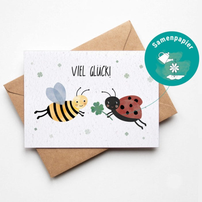Samenpapier Karte - Biene Marienkäfer "Viel Glück"