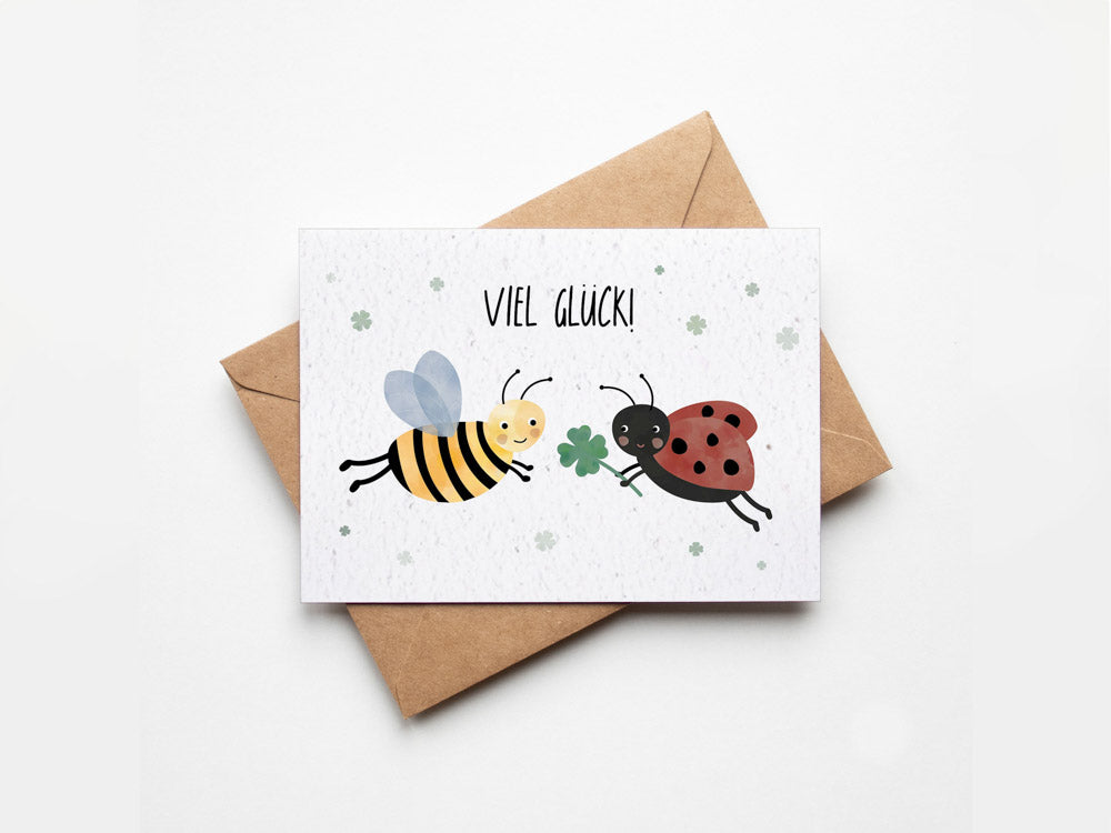 Samenpapier Karte - Biene Marienkäfer "Viel Glück"