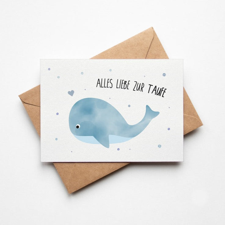 Postkarte mit Wal und dem Schriftzug „Alles Liebe zur Taufe“ im niedlichen Design, ideal als Glückwunschkarte zur Taufe.